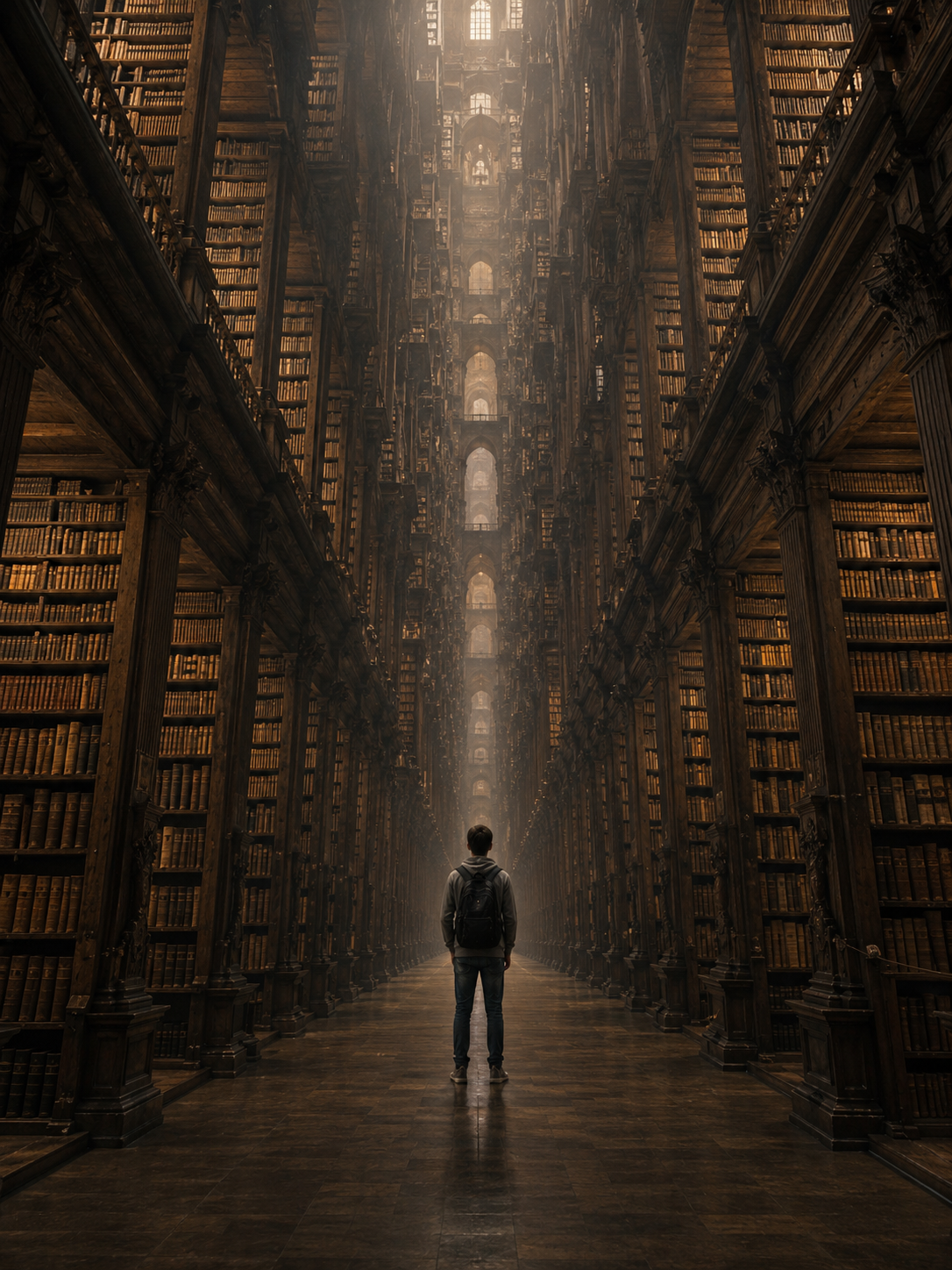 A student alone in the central aisle of an immense library, shelves rising out of frame